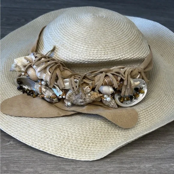 VTG Mermaidcore Straw Beach Sun Hat Shell Trim Boho Coastal Festival S/M - Picture 15 of 16